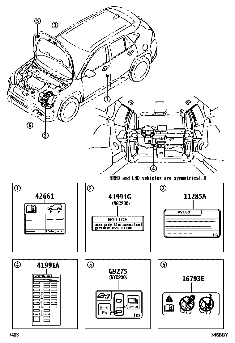 Toyota YARIS 警示铭牌(车外和车内) EPC diagram — 7468BY
