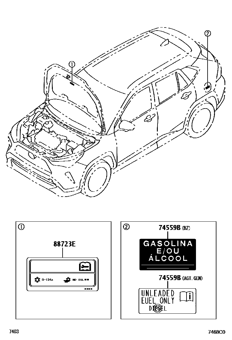 Toyota YARIS 警示铭牌(车外和车内) EPC diagram — 7468C0