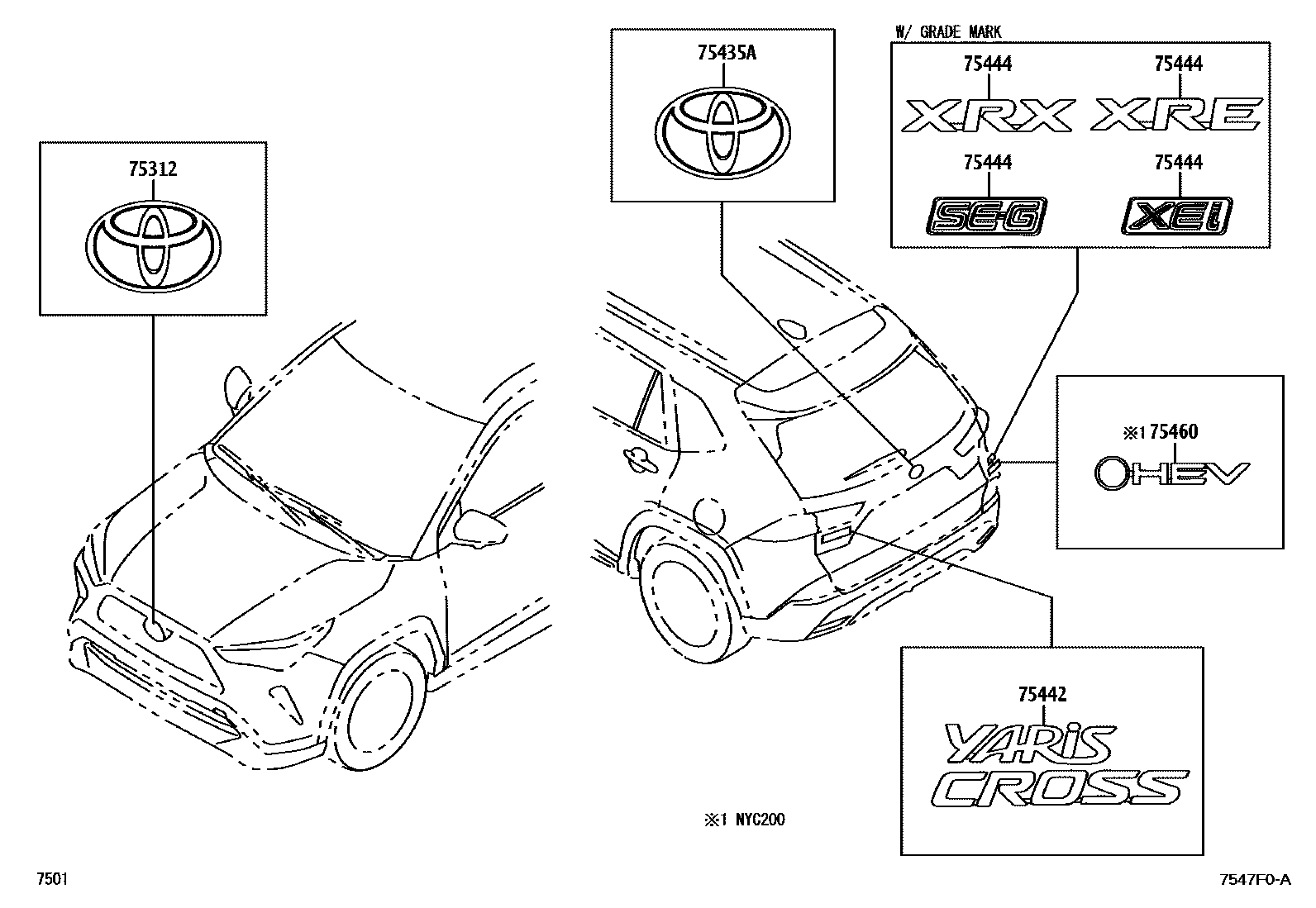 Toyota YARIS 丰田徽标和铭牌(车外和车内) EPC diagram — 7547F0A