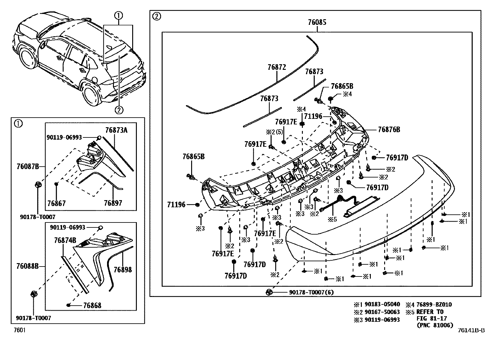 Toyota YARIS 挡泥板和扰流板 EPC diagram — 76141BB