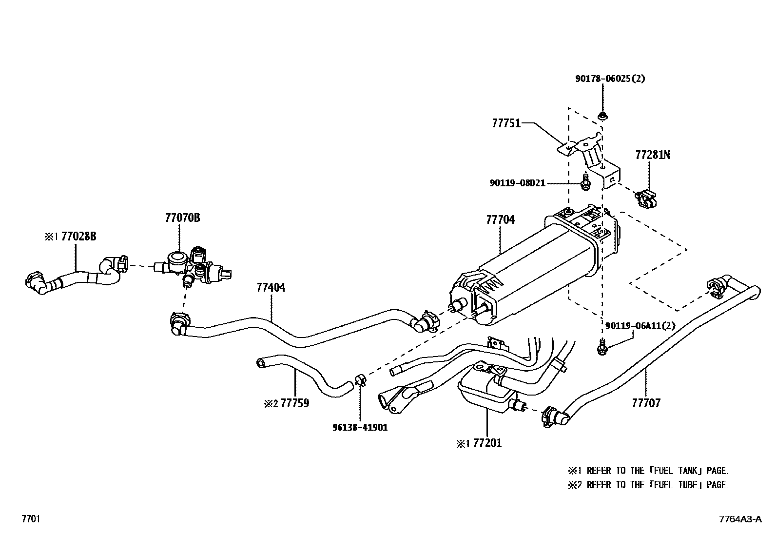 Toyota YARIS 燃油箱和燃油管 EPC diagram — 7764A3A