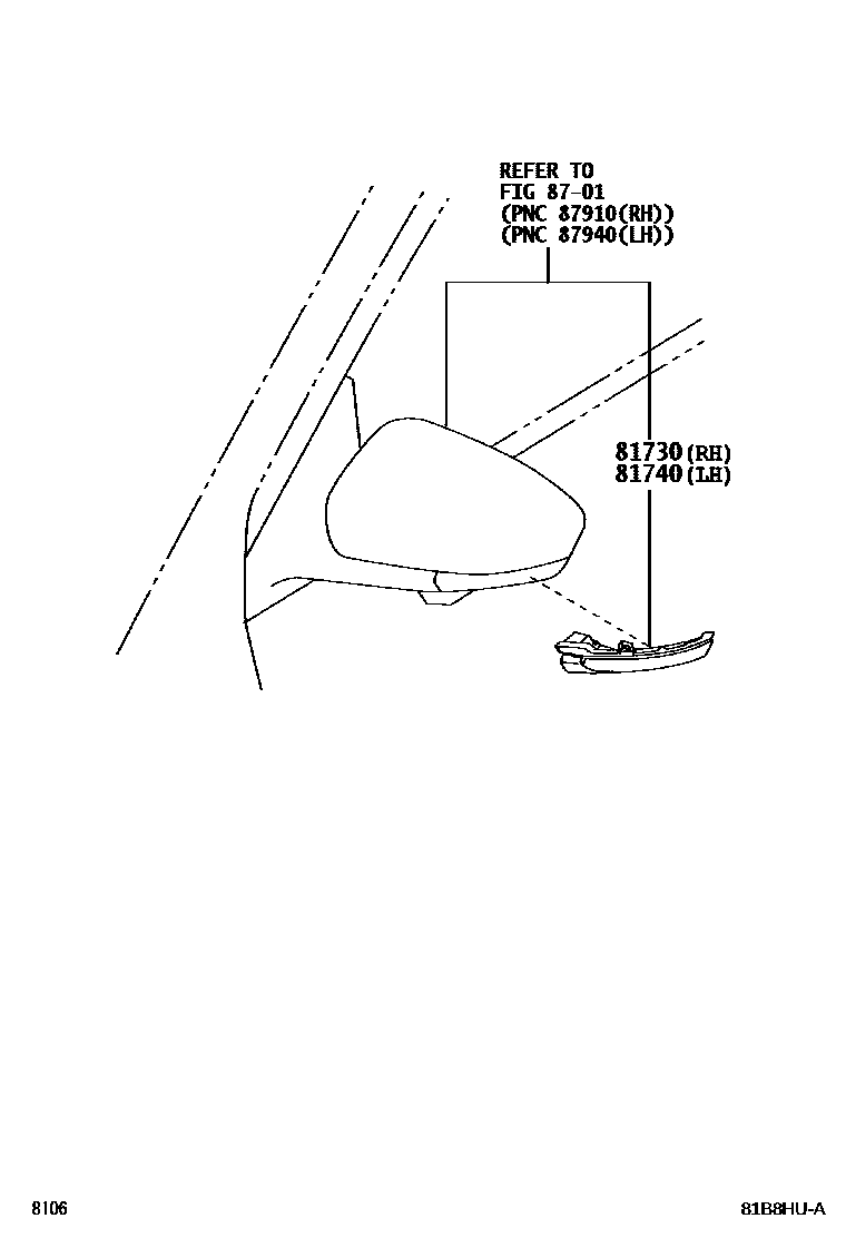 Toyota YARIS Side Turn Signal & Outer Mirror Lamp EPC diagram — 81B8HUA