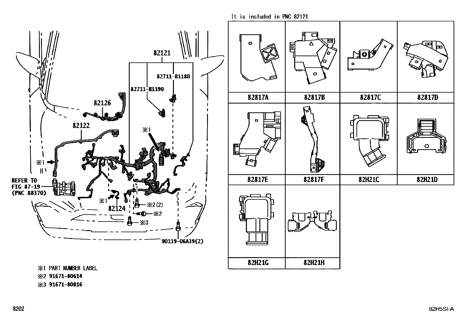 Toyota YARIS 线束和卡夹 EPC diagram — 82H5SIA