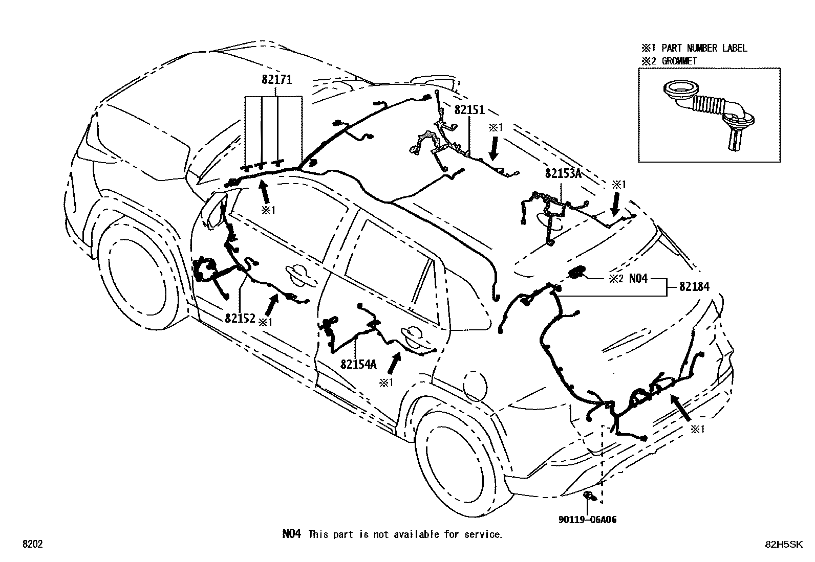 Toyota YARIS 线束和卡夹 EPC diagram — 82H5SK