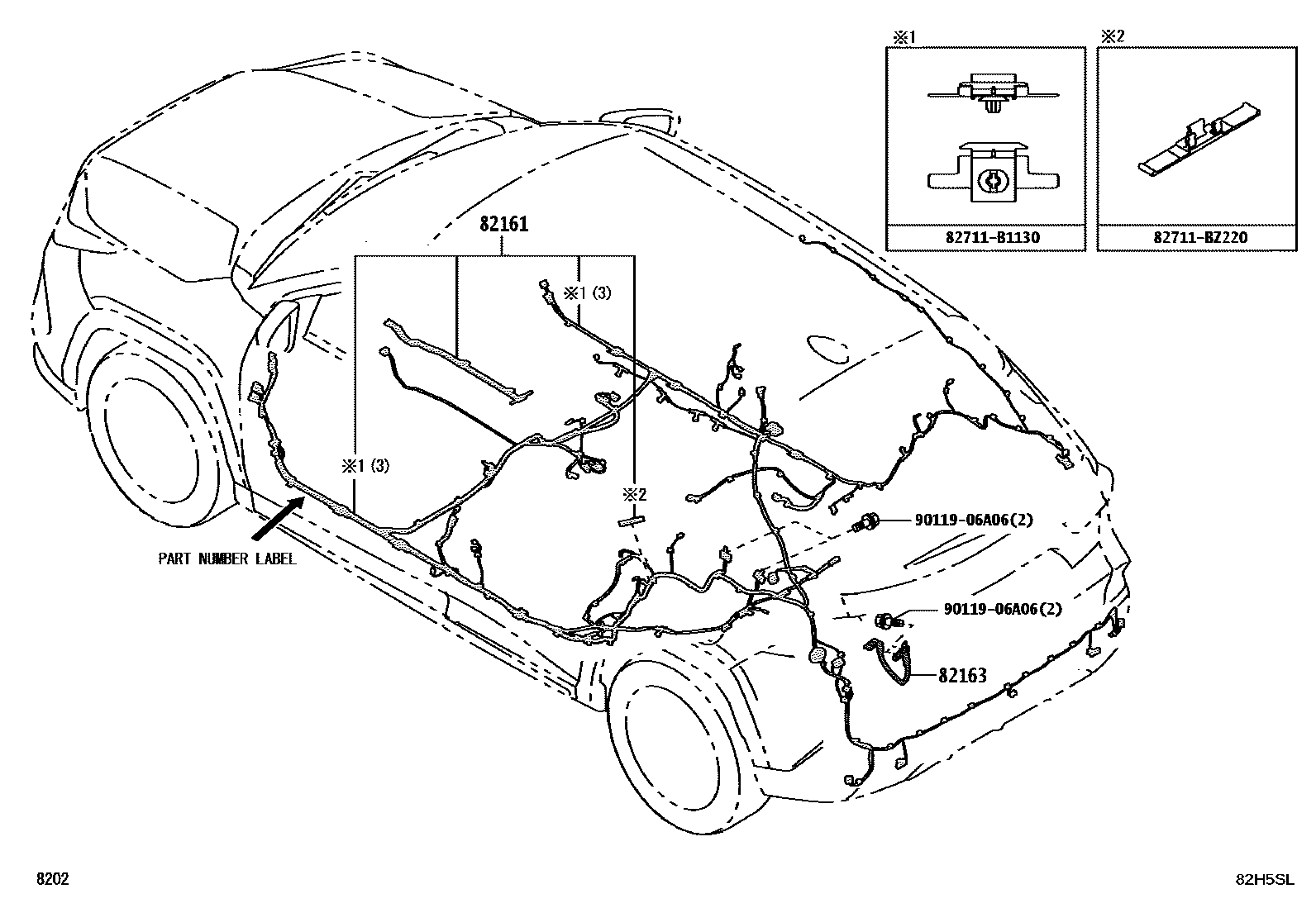 Toyota YARIS 线束和卡夹 EPC diagram — 82H5SL