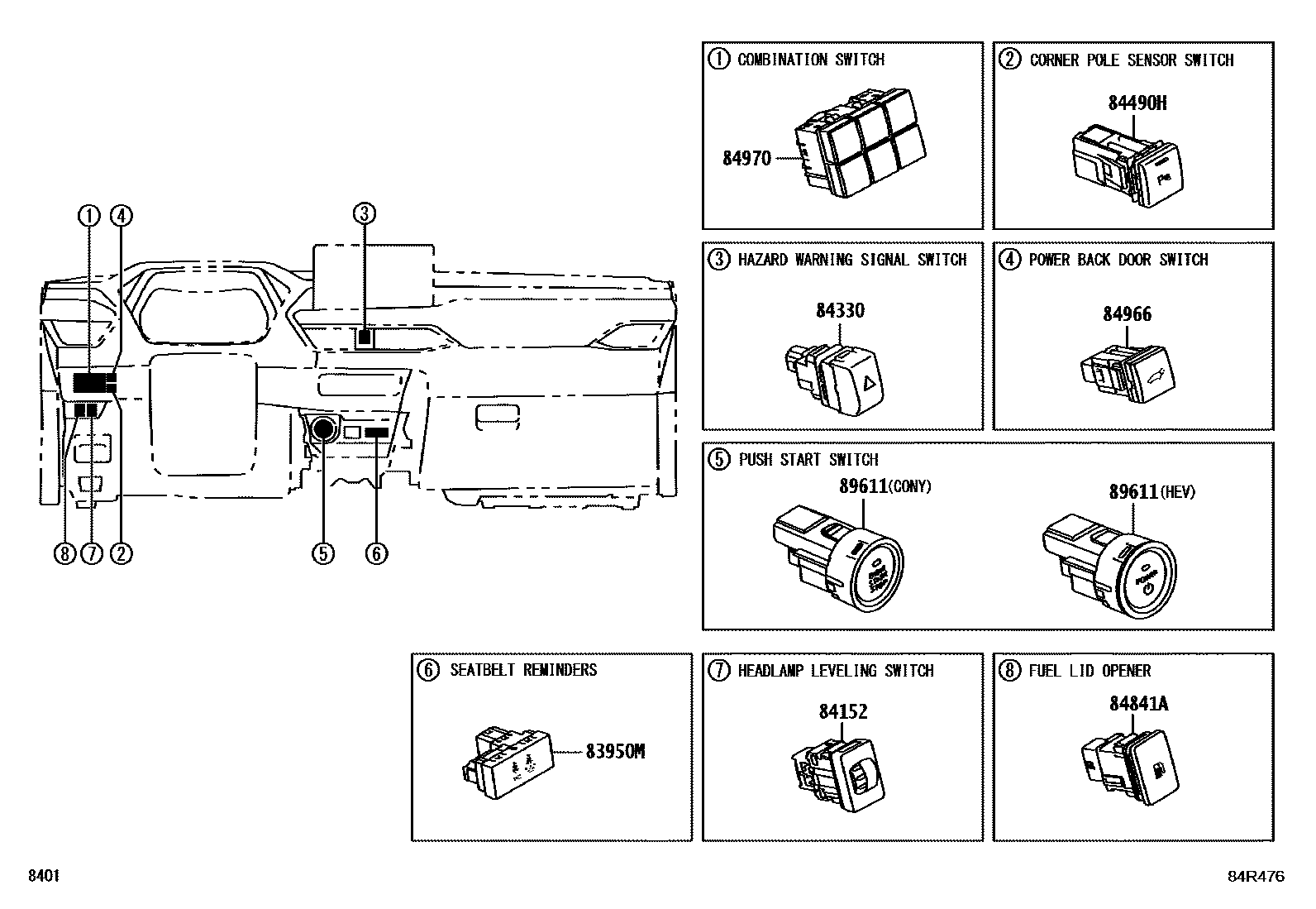 Toyota YARIS 开关和继电器和ECU EPC diagram — 84R476