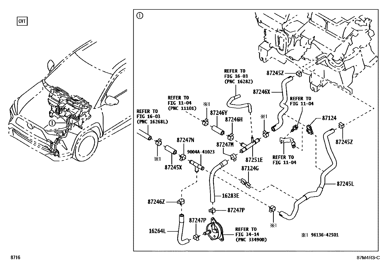 Toyota YARIS 暖风和空调系统 - 水管 EPC diagram — 87M4R3C