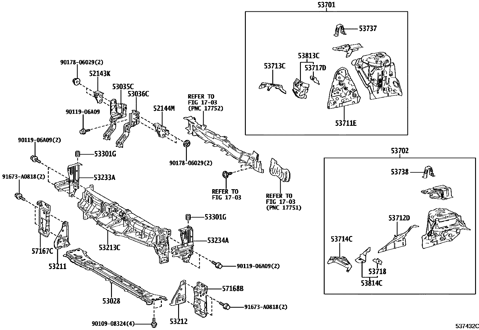 Toyota YARIS 前翼子板挡泥板和前围板 EPC diagram — 537432C