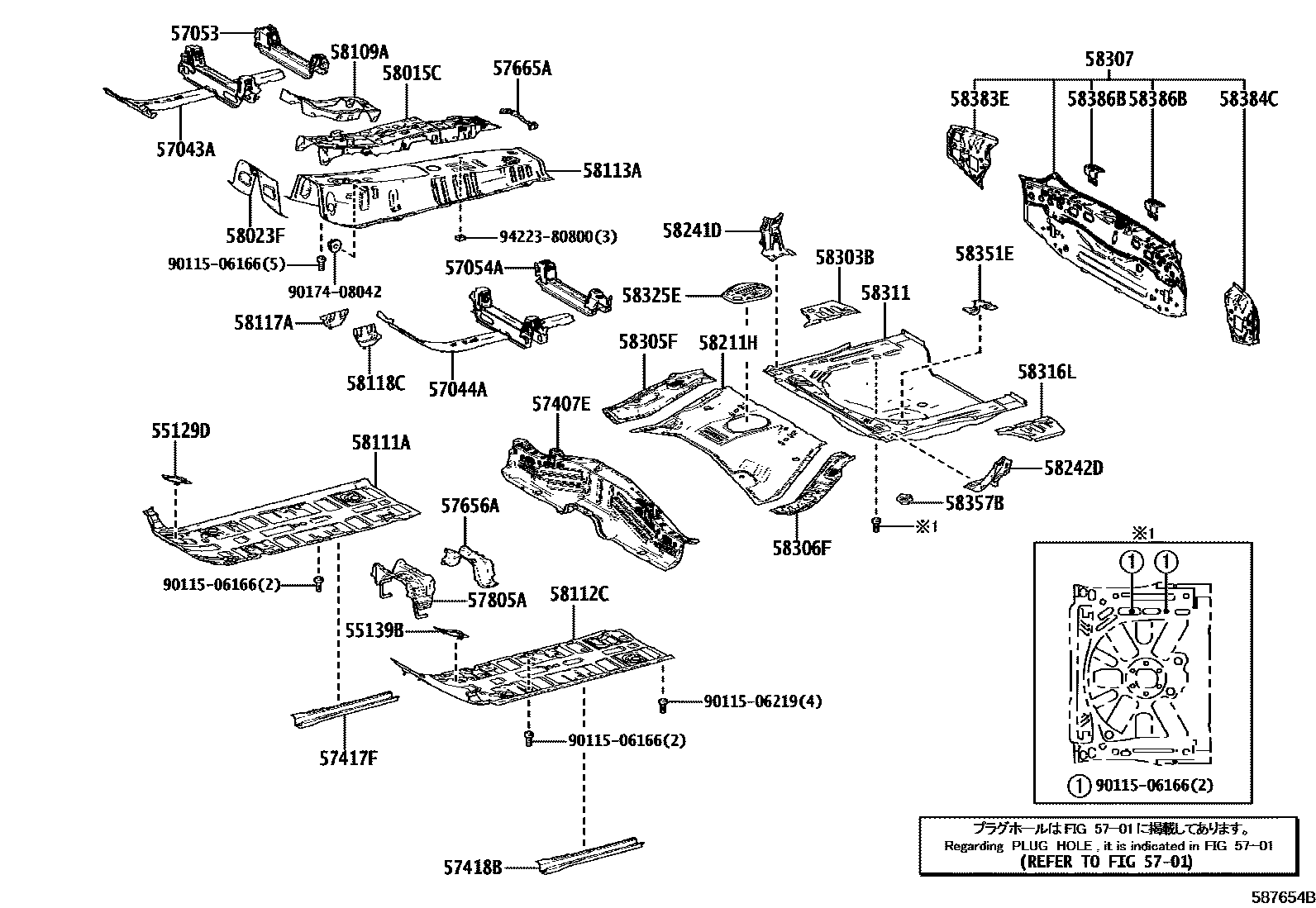 Toyota YARIS 浅盘形地板和车身下背板 EPC diagram — 587654B