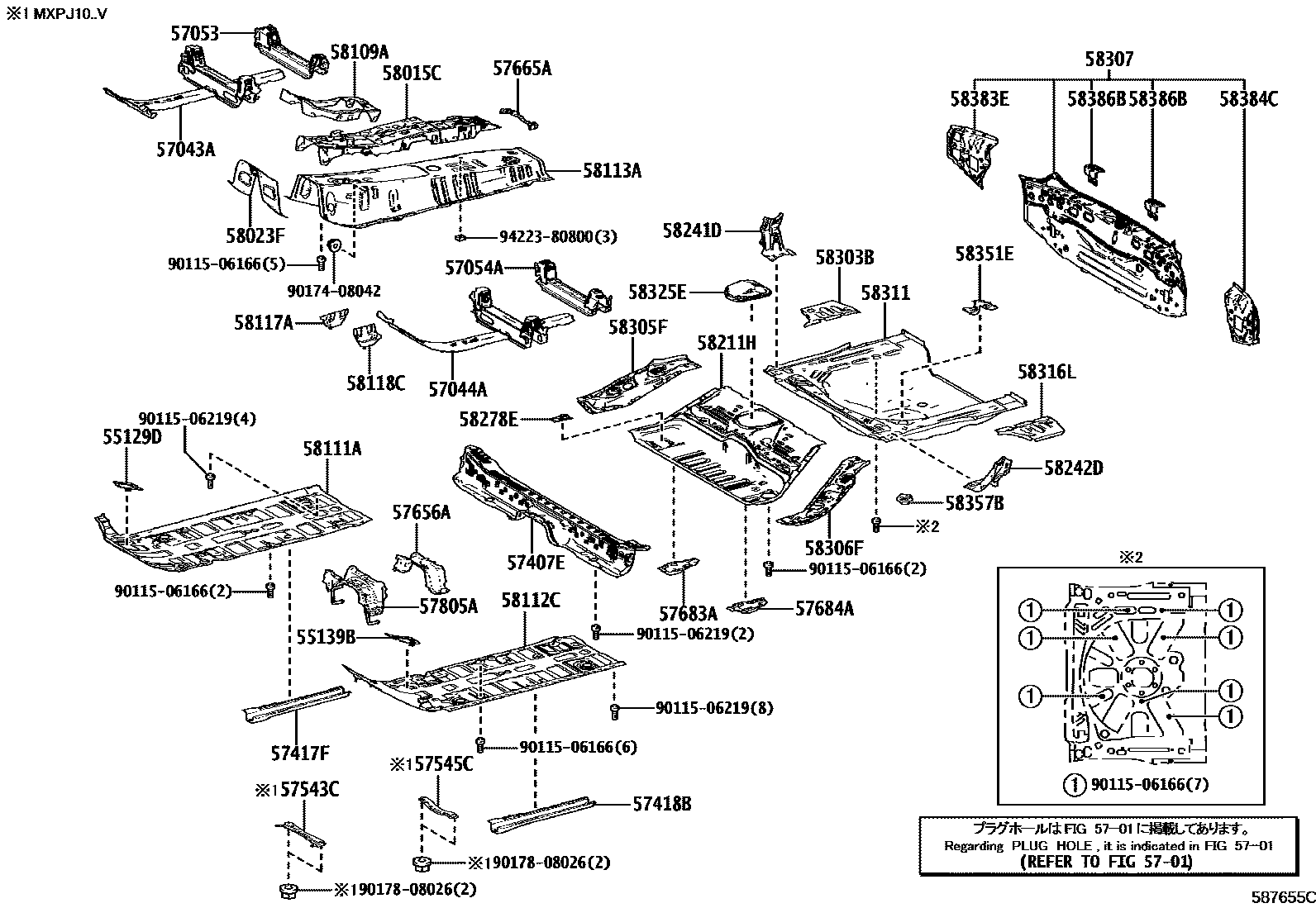 Toyota YARIS 浅盘形地板和车身下背板 EPC diagram — 587655C