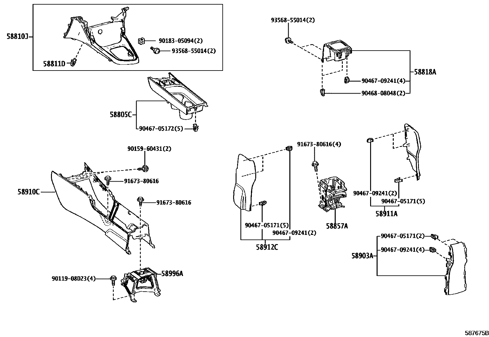 Toyota YARIS 中央扶手箱和支架 EPC diagram — 587675B
