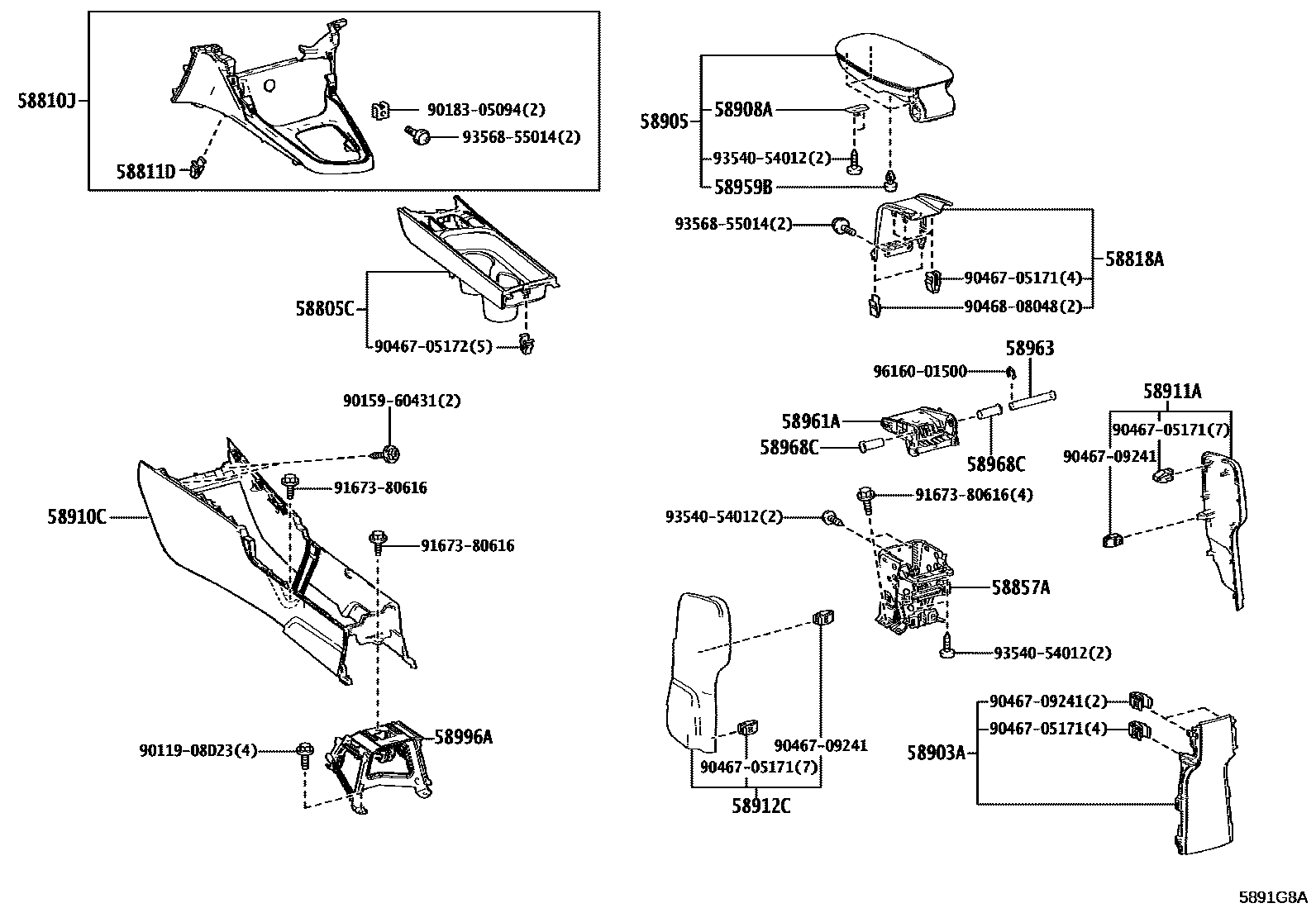 Toyota YARIS 中央扶手箱和支架 EPC diagram — 5891G8A