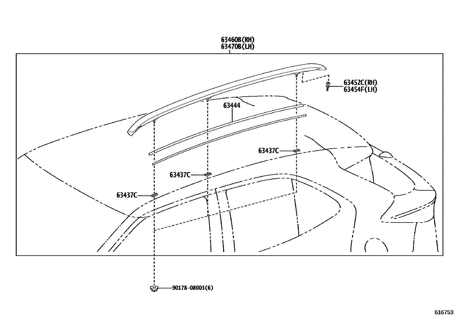 Toyota YARIS 天窗板和背窗玻璃 EPC diagram — 616753