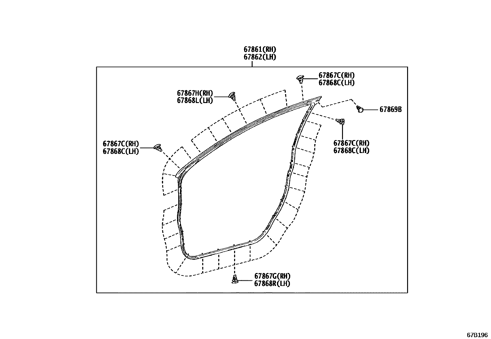 Toyota YARIS 前门板和前门玻璃 EPC diagram — 67B196