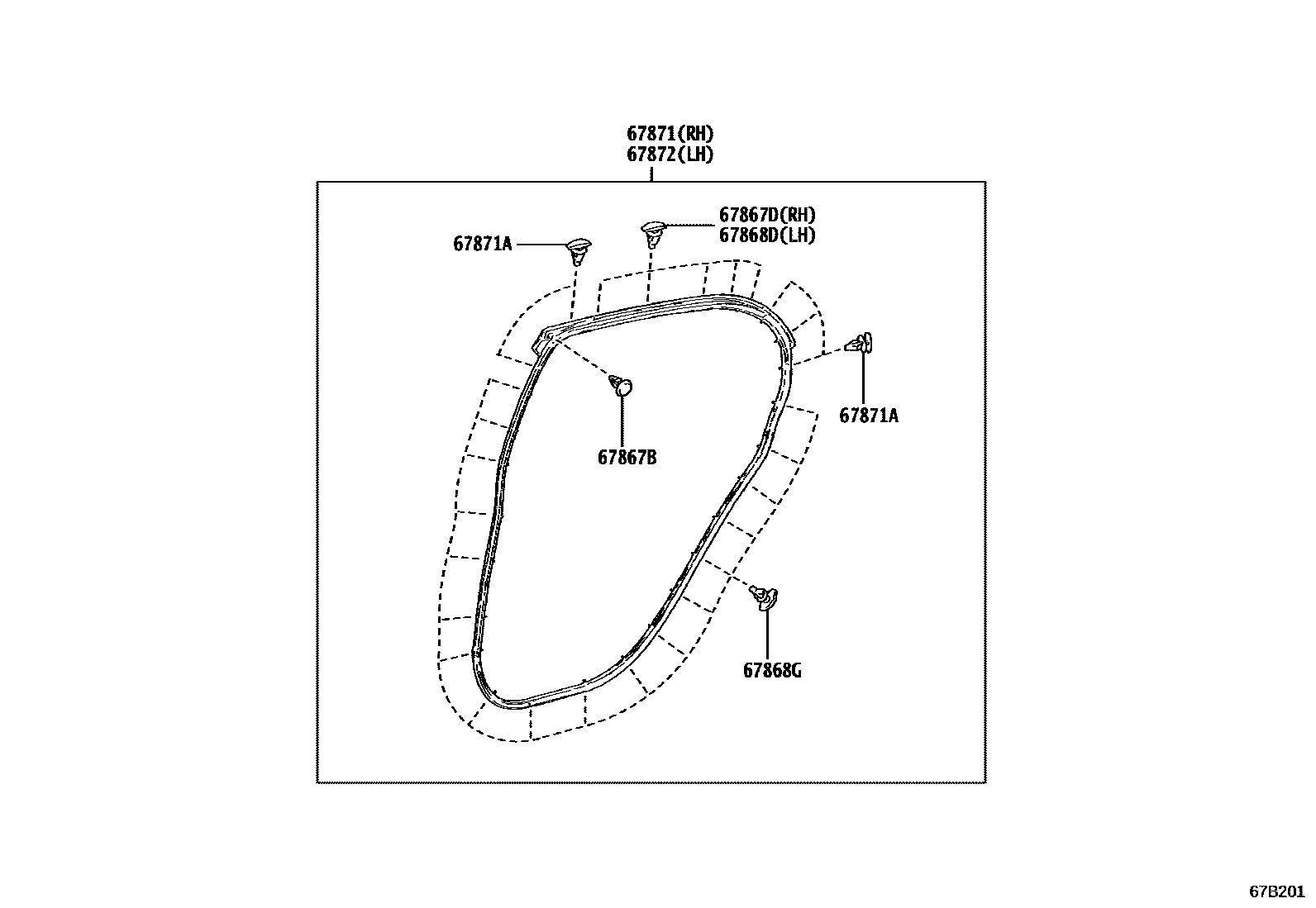 Toyota YARIS 后门板和后门玻璃 EPC diagram — 67B201