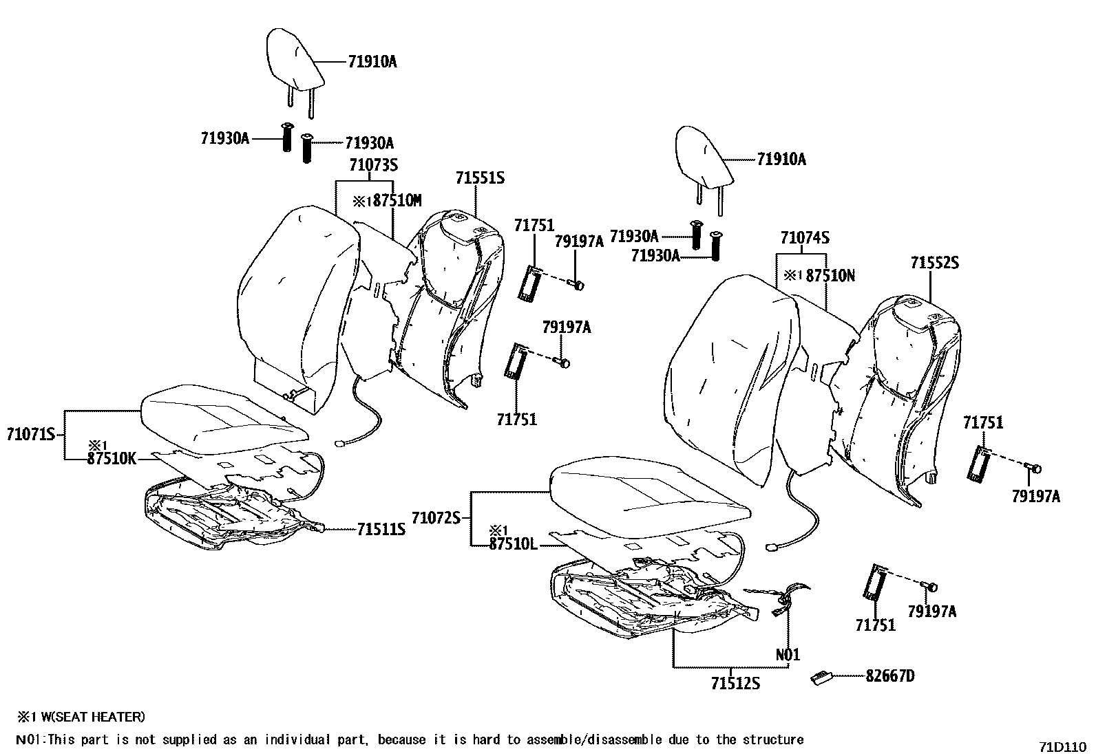 Toyota YARIS 前排座椅和座椅滑轨 EPC diagram — 71D110