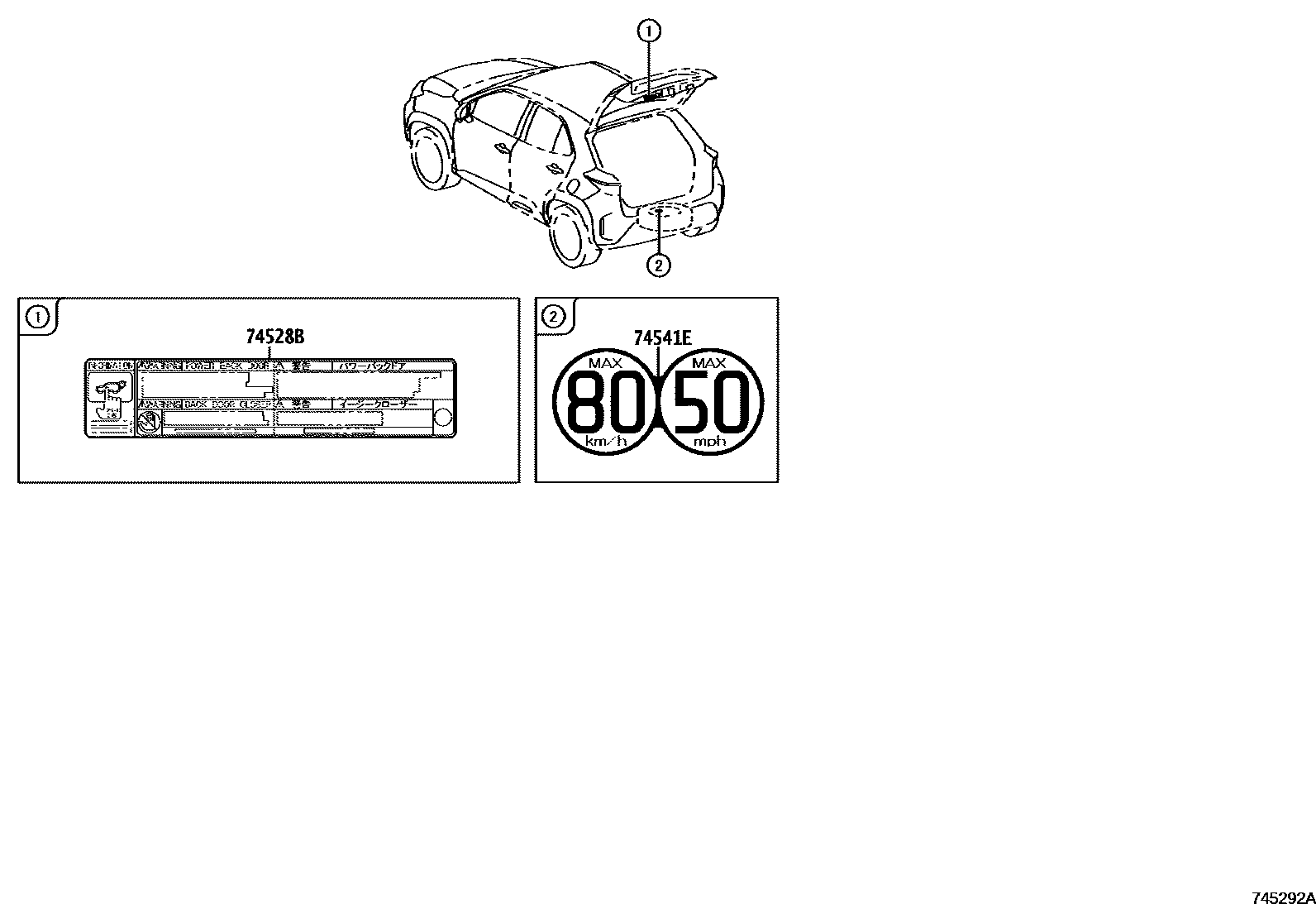 Toyota YARIS 警示铭牌(车外和车内) EPC diagram — 745292A