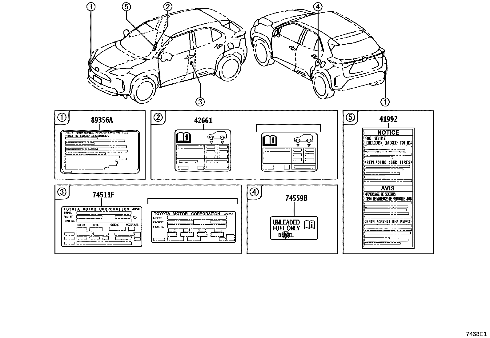 Toyota YARIS 警示铭牌(车外和车内) EPC diagram — 7468E1