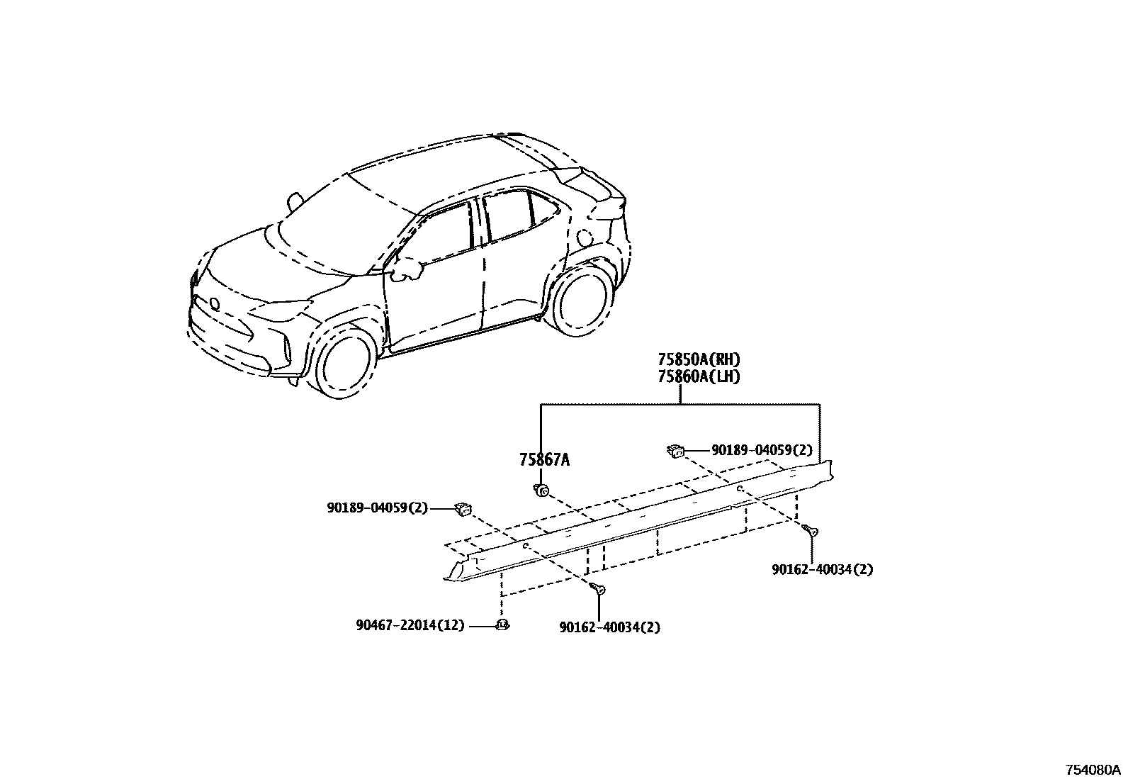 Toyota YARIS 侧防护条 EPC diagram — 754080A