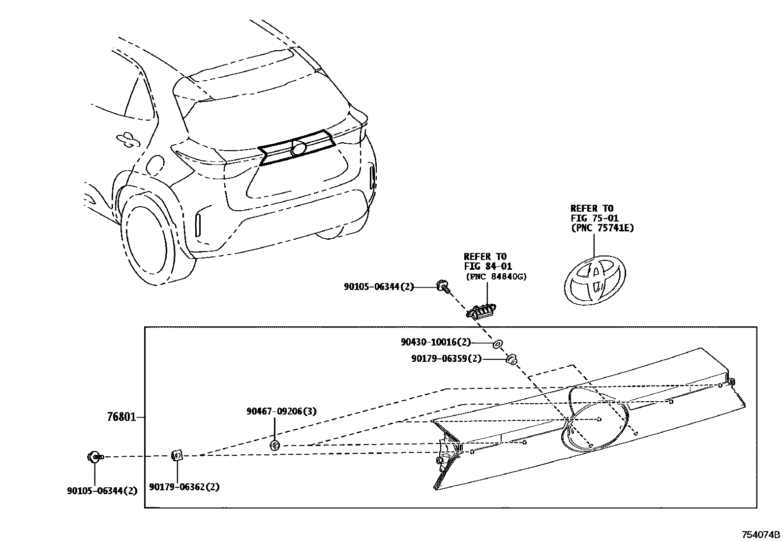 Toyota YARIS 后防护条 EPC diagram — 754074B