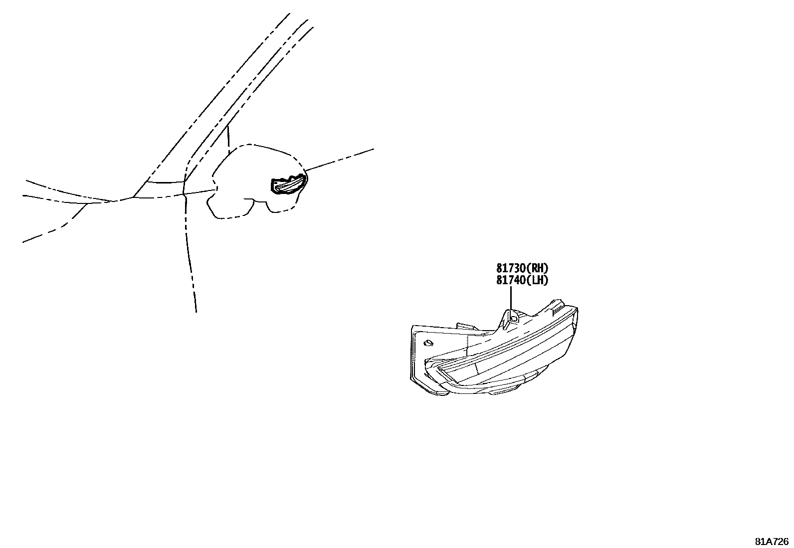 Toyota YARIS Side Turn Signal & Outer Mirror Lamp EPC diagram — 81A726