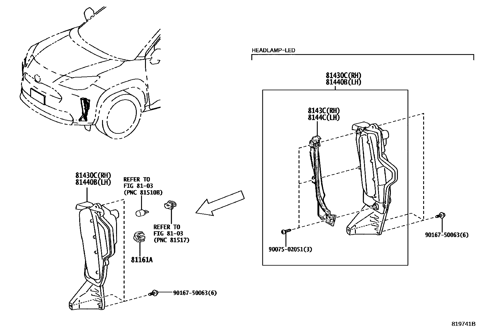 Toyota YARIS 日间行车照明灯或照明灯 EPC diagram — 819741B