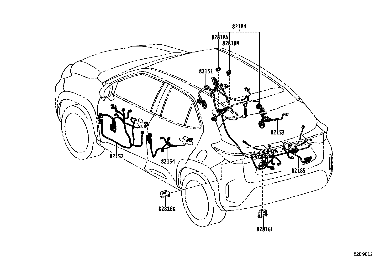 Toyota YARIS 线束和卡夹 EPC diagram — 82D981J