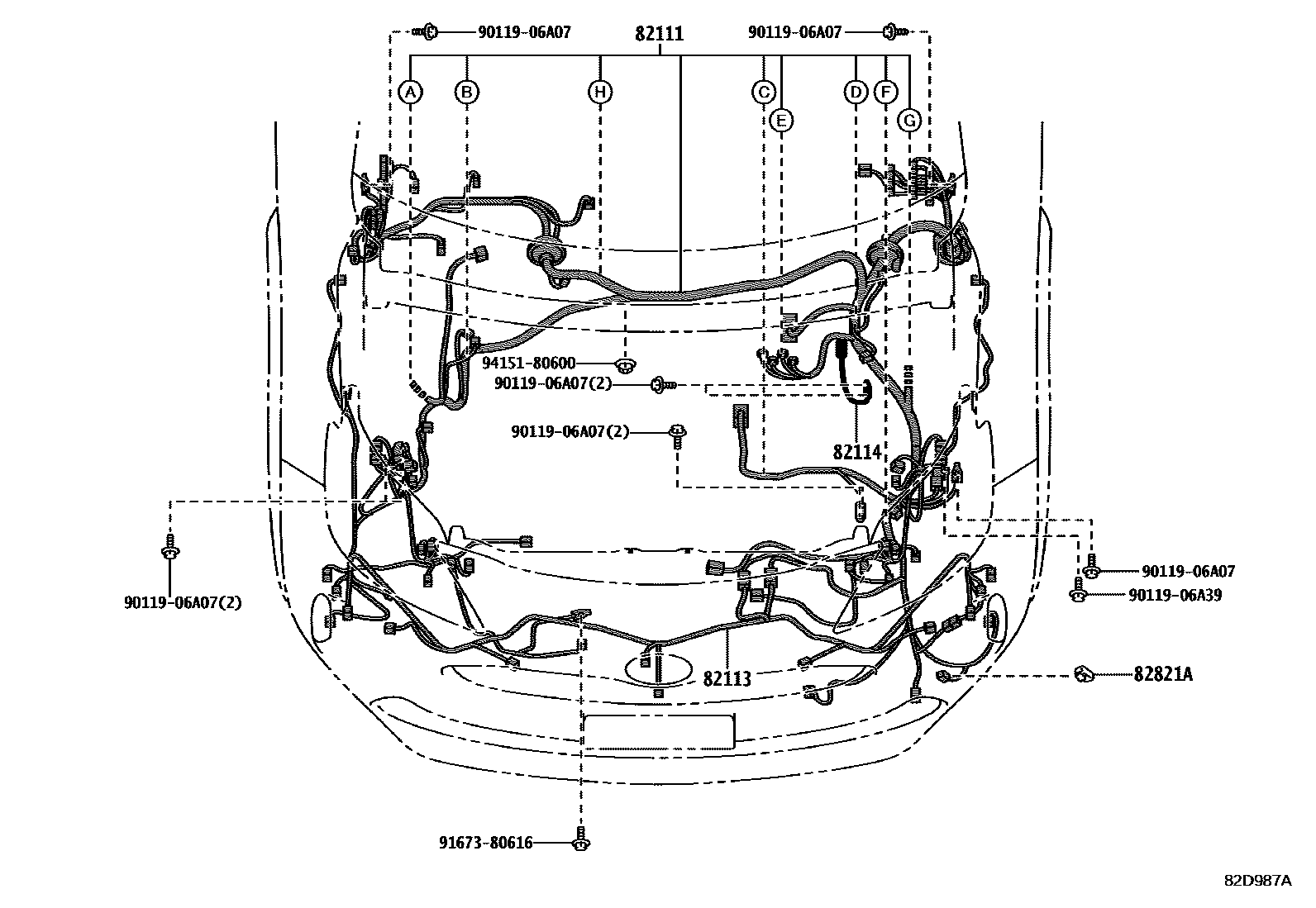 Toyota YARIS 线束和卡夹 EPC diagram — 82D987A
