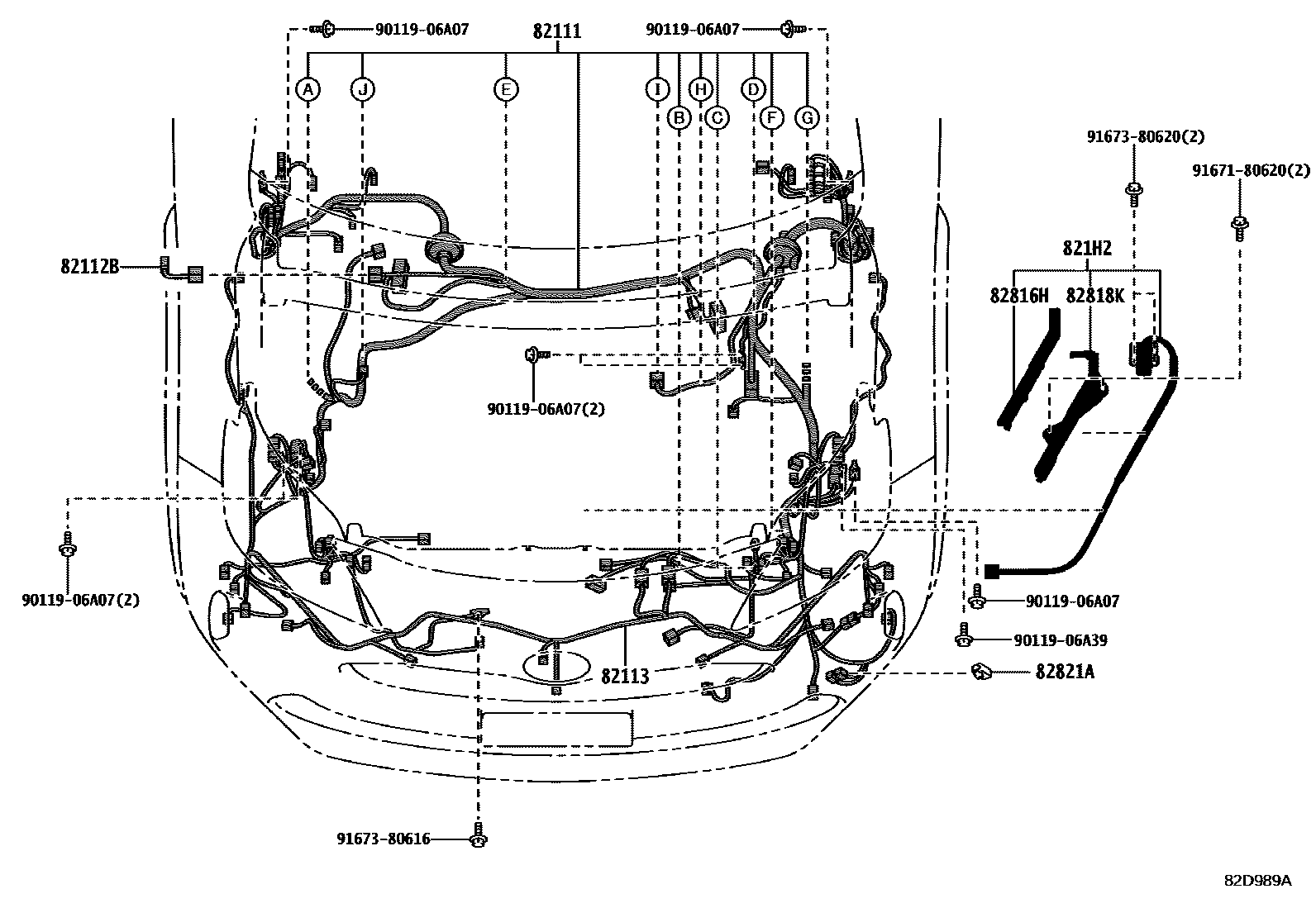 Toyota YARIS 线束和卡夹 EPC diagram — 82D989A