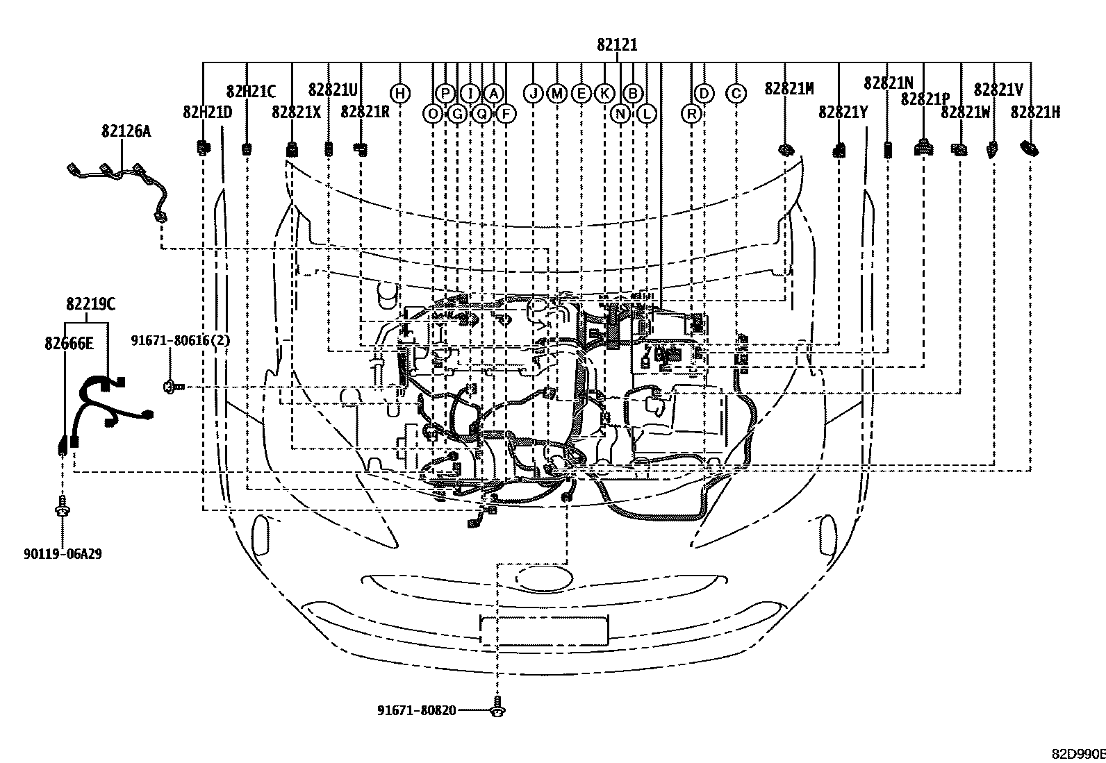 Toyota YARIS 线束和卡夹 EPC diagram — 82D990B
