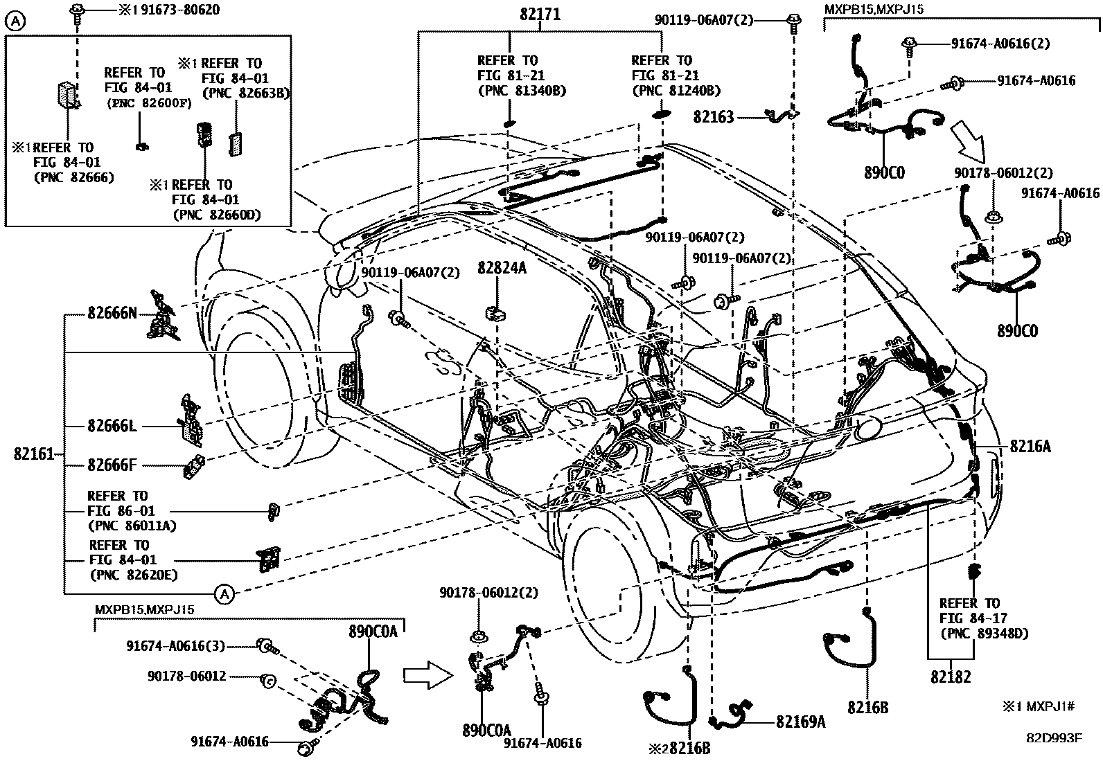 Toyota YARIS 线束和卡夹 EPC diagram — 82D993F