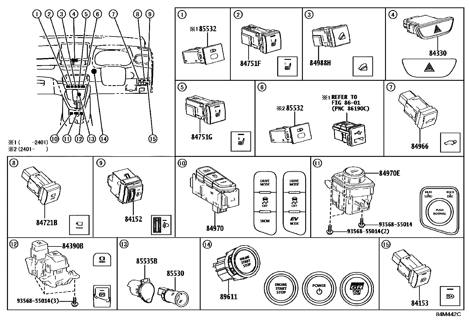 Toyota YARIS 开关和继电器和ECU EPC diagram — 84M442C