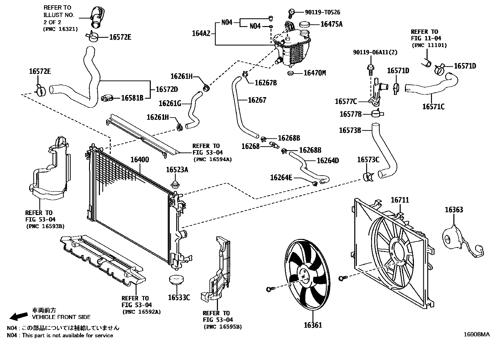 Toyota COROLLA RADIATOR & WATER OUTLET EPC diagram — 16908MA