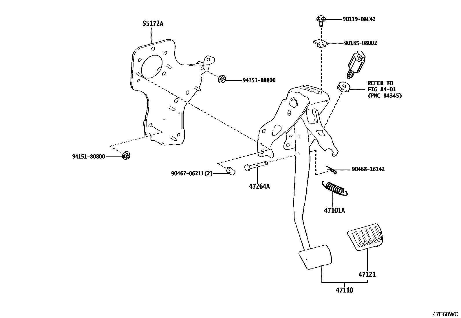 Toyota COROLLA Brake Pedal & Bracket EPC diagram — 47E68WC