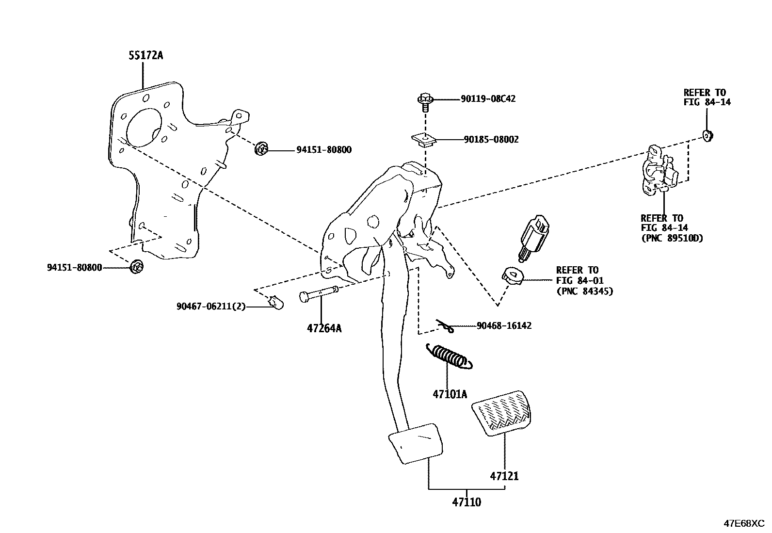Toyota COROLLA Brake Pedal & Bracket EPC diagram — 47E68XC