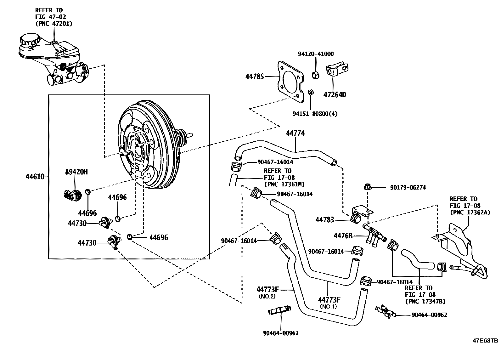 Toyota COROLLA 制动助力器和真空管 EPC diagram — 47E68TB