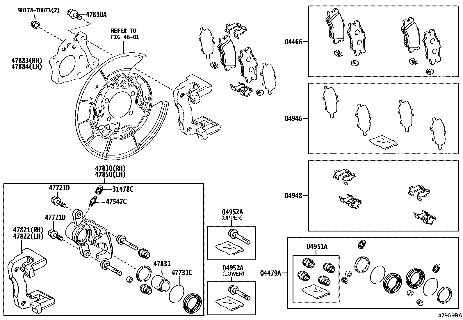 Toyota COROLLA 后盘式制动器卡钳和防尘罩 EPC diagram — 47E69BA