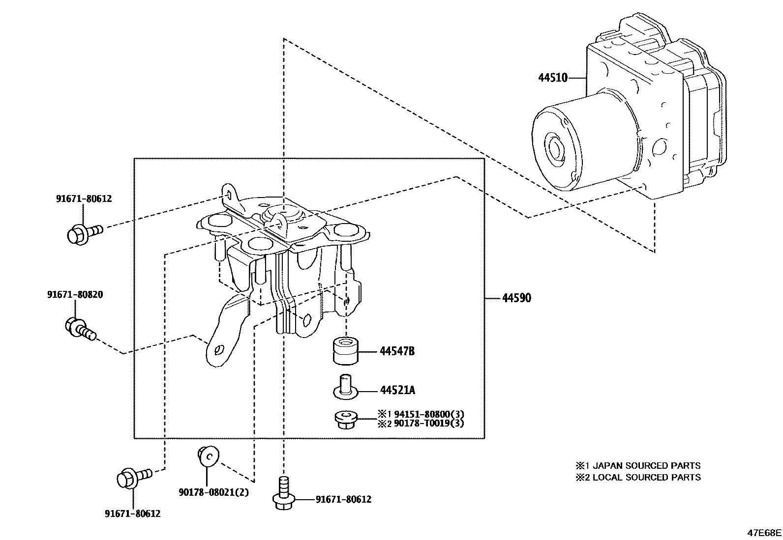Toyota COROLLA 制动配管和卡箍 EPC diagram — 47E68E