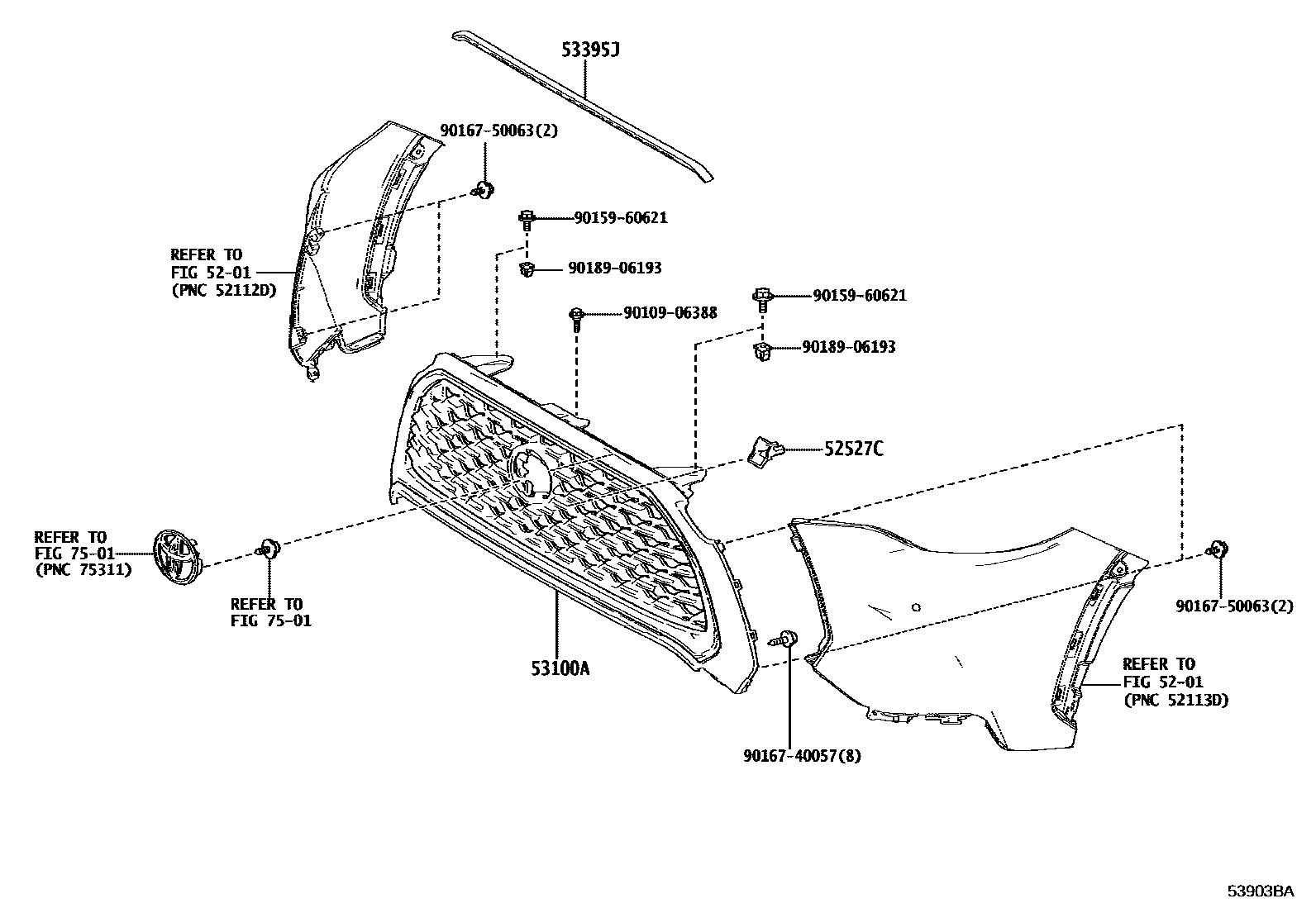 Toyota COROLLA radiator grille EPC diagram — 53903BA