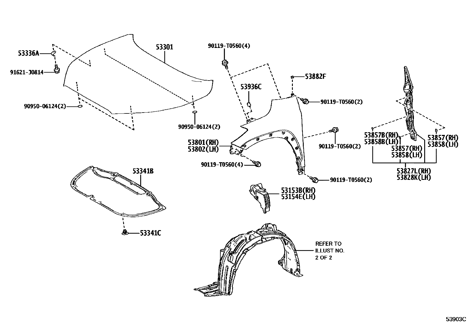 Toyota COROLLA 发动机盖和前翼子板 EPC diagram — 53903C