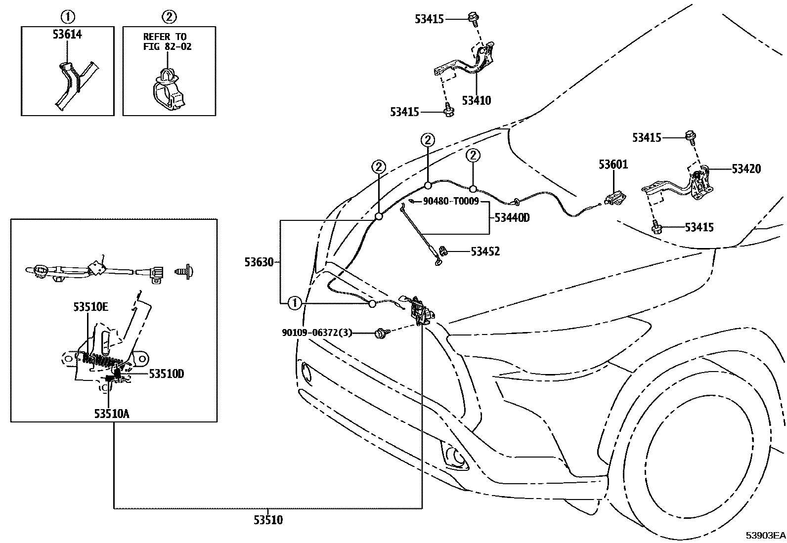 Toyota COROLLA 发动机盖锁和铰链 EPC diagram — 53903EA