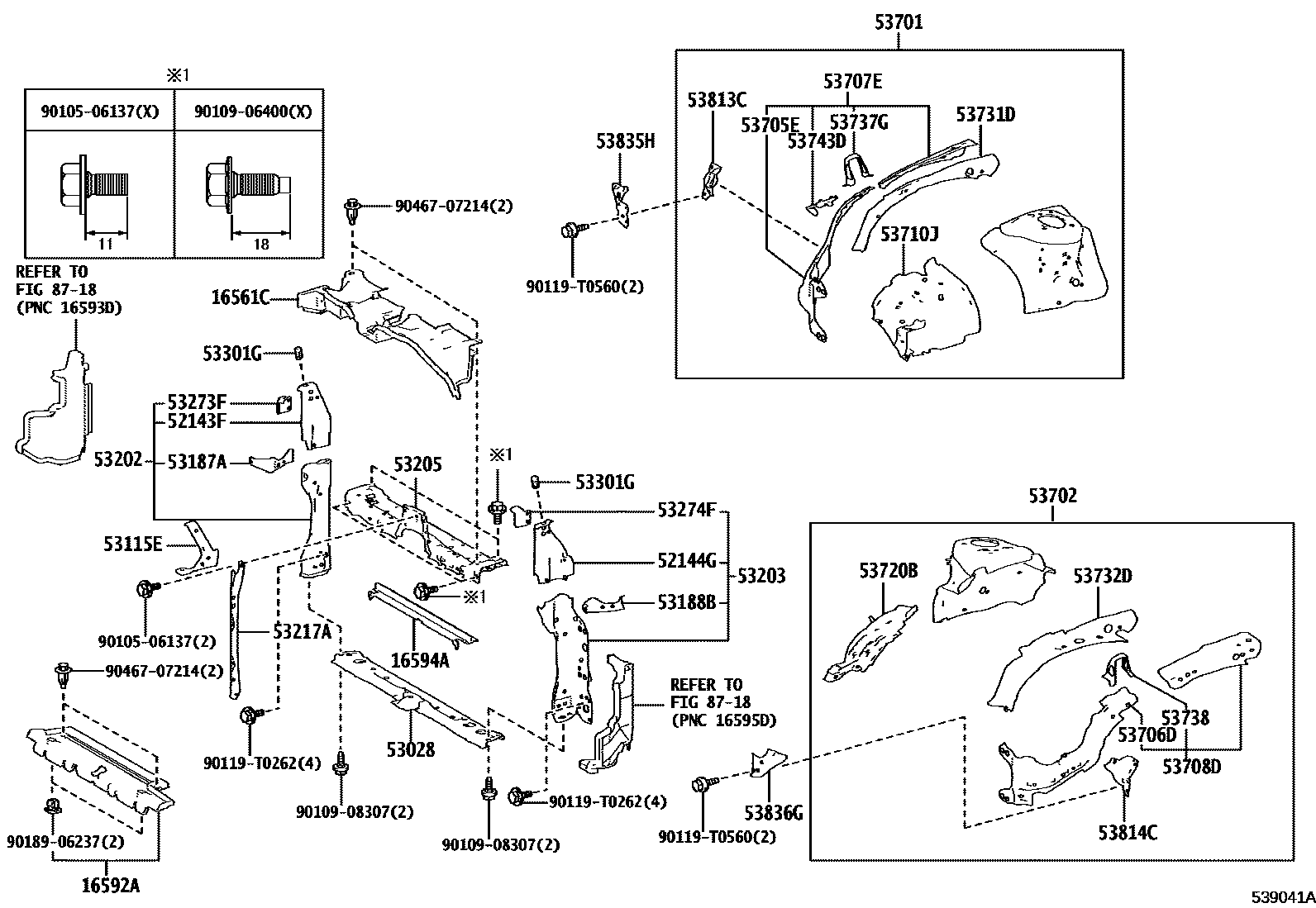 Toyota COROLLA 前翼子板挡泥板和前围板 EPC diagram — 539041A