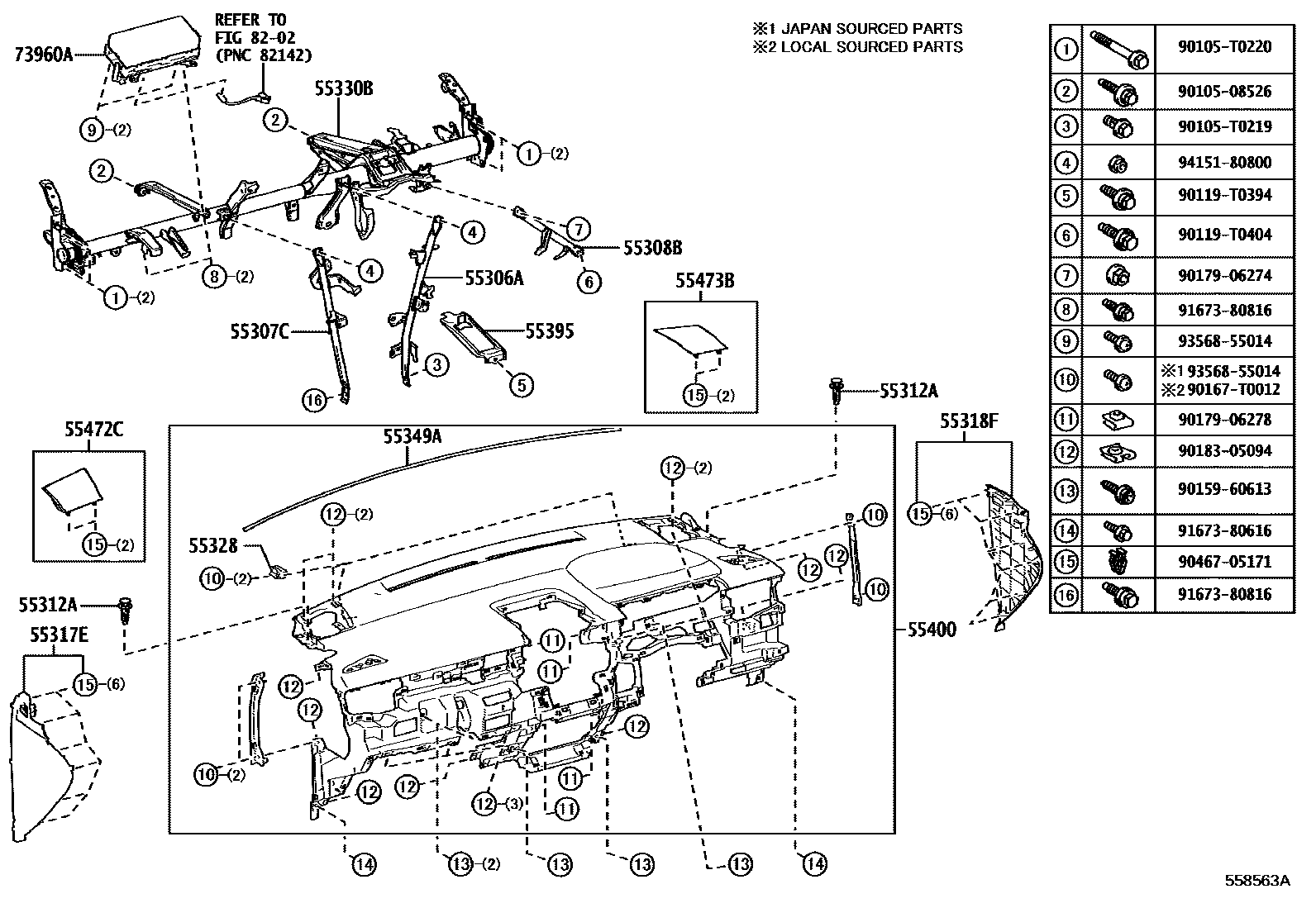 Toyota COROLLA 仪表板和手套箱 EPC diagram — 558563A