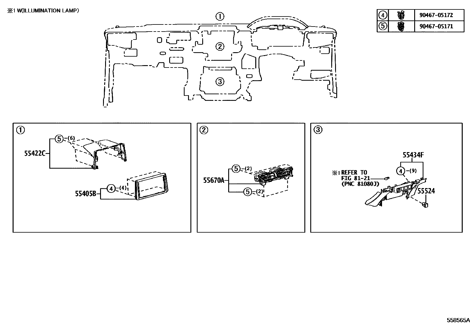 Toyota COROLLA 仪表板和手套箱 EPC diagram — 558565A