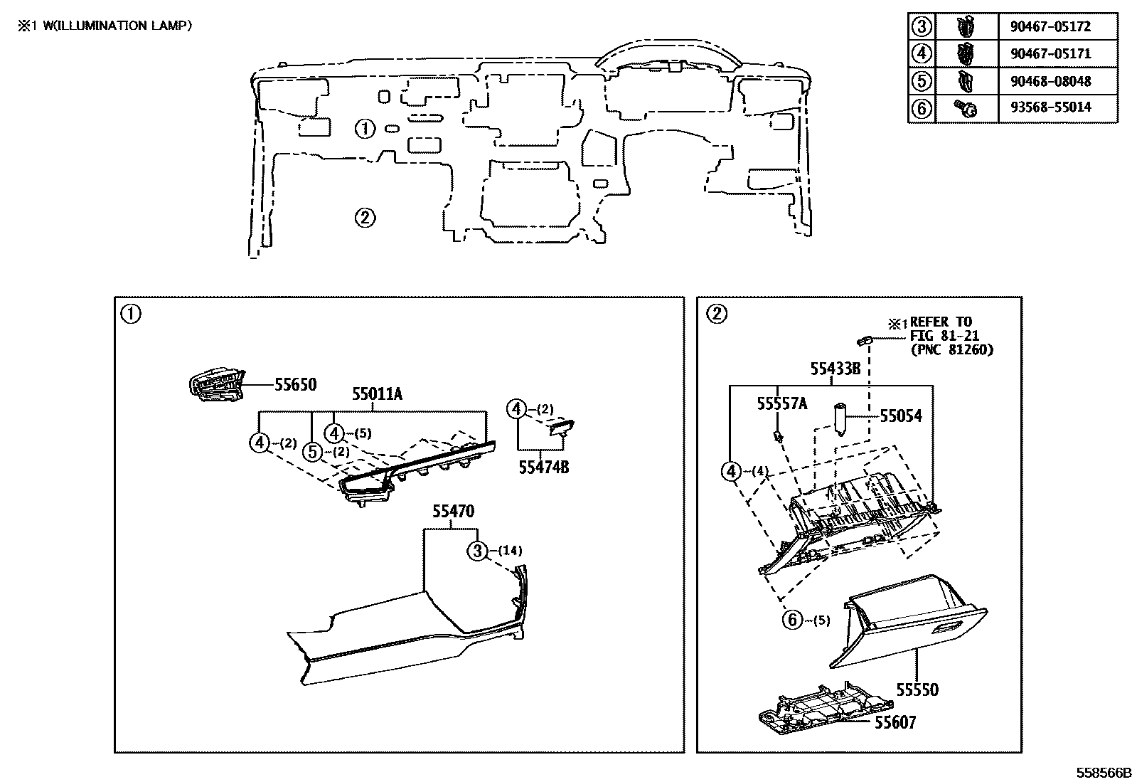 Toyota COROLLA 仪表板和手套箱 EPC diagram — 558566B