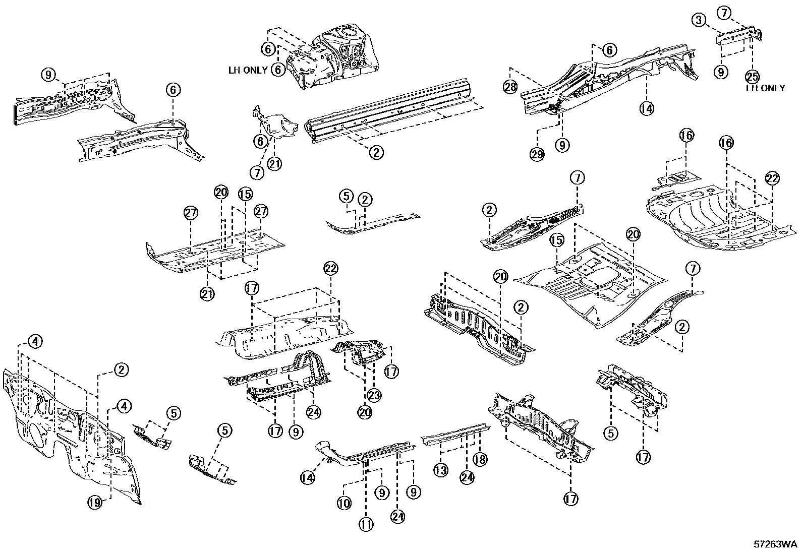 Toyota COROLLA hole plug EPC diagram — 57263WA