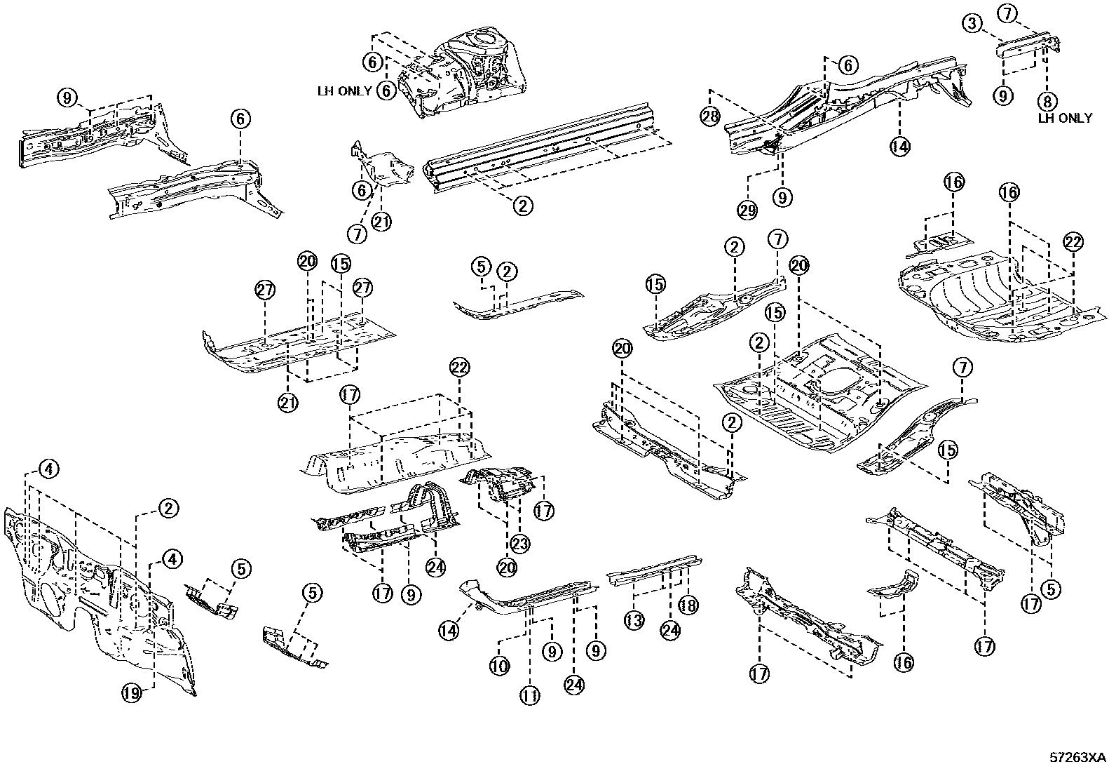 Toyota COROLLA hole plug EPC diagram — 57263XA