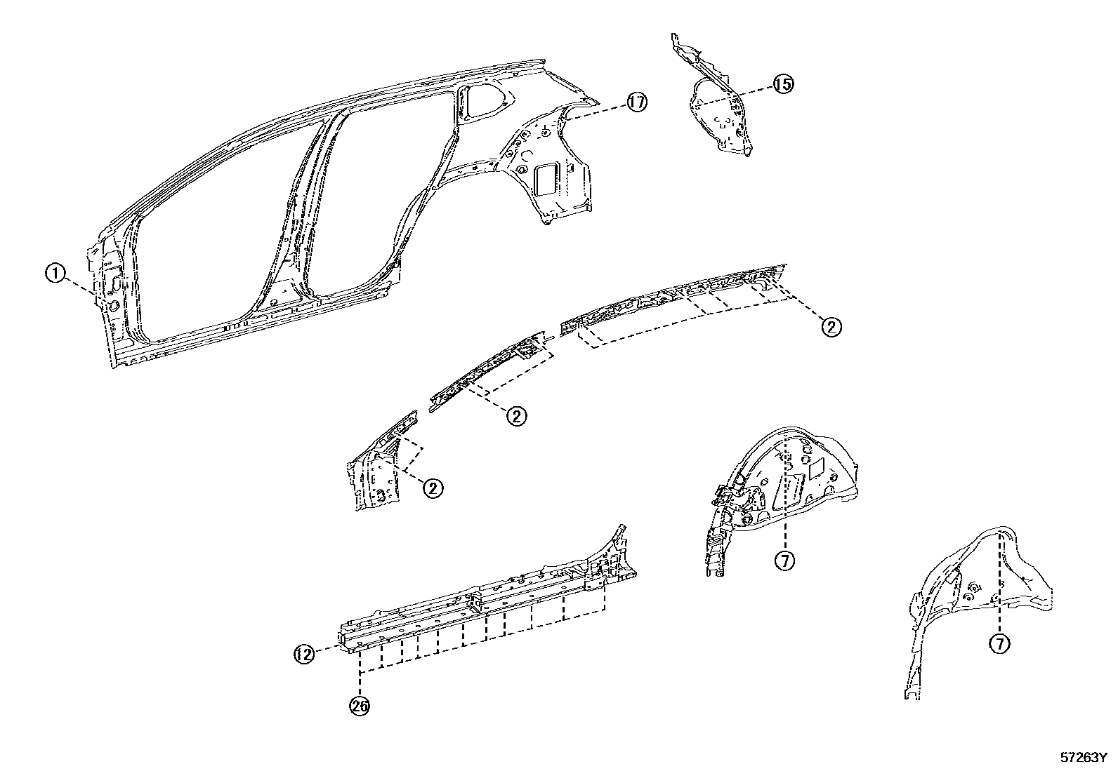 Toyota COROLLA hole plug EPC diagram — 57263Y