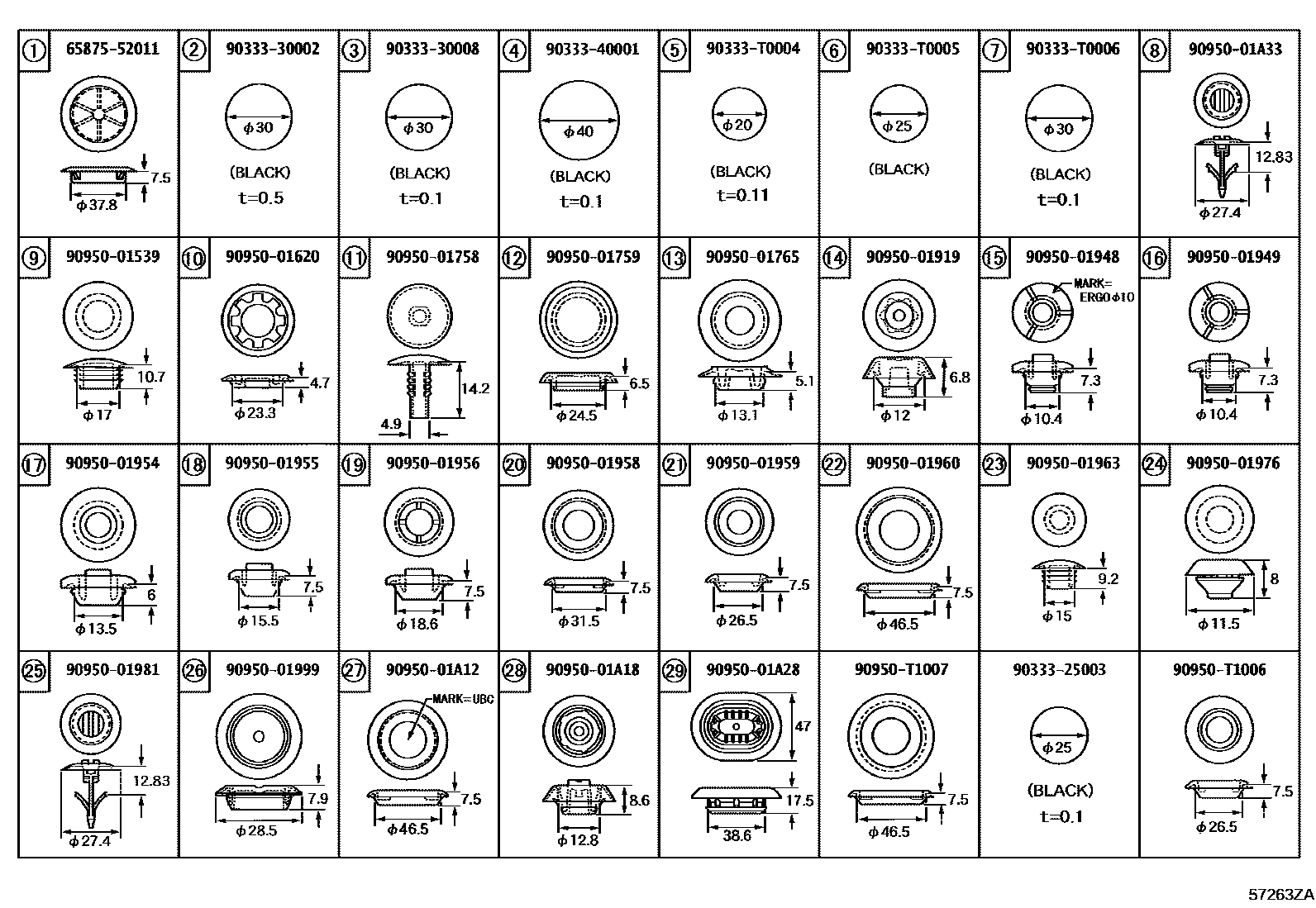 Toyota COROLLA hole plug EPC diagram — 57263ZA