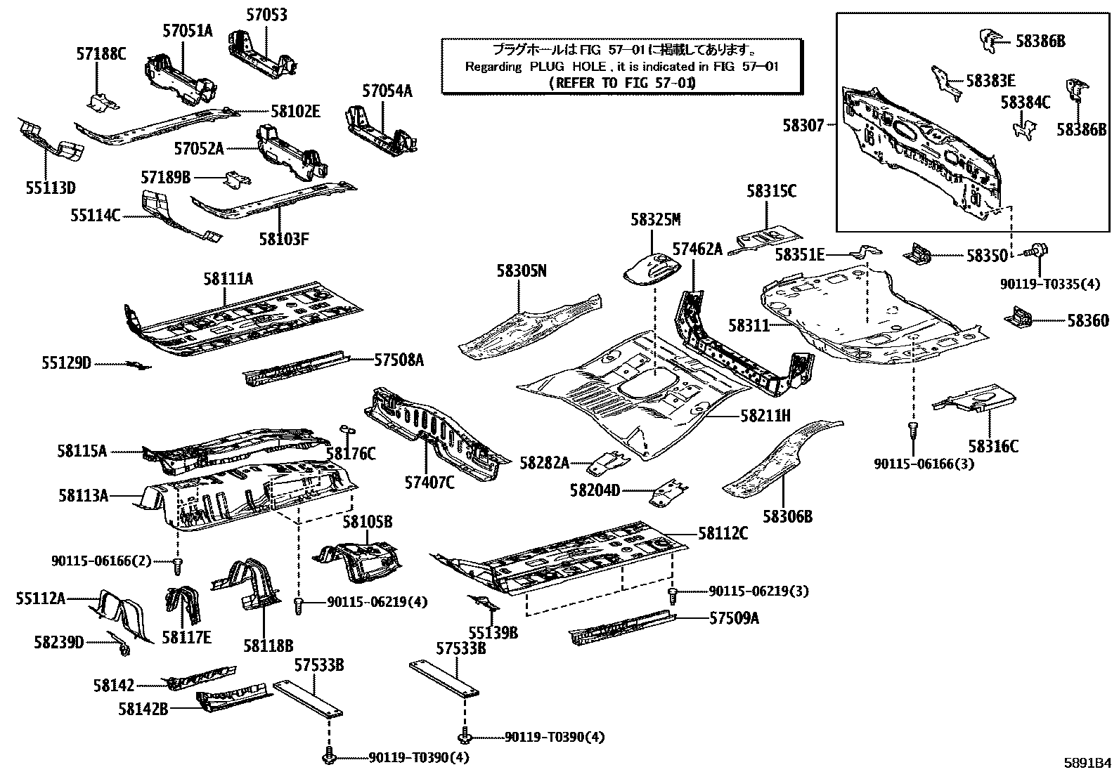 Toyota COROLLA 浅盘形地板和车身下背板 EPC diagram — 5891B4